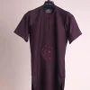 A burgundy, zipline with lower embroidery details, short sleeve African senator kaftan native.