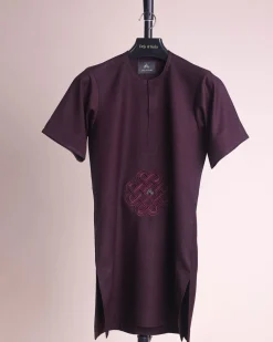 A burgundy, zipline with lower embroidery details, short sleeve African senator kaftan native.