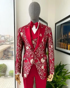 A Candy red & splash of silver, peak lapel stratocumulus patterned jacquard suit
