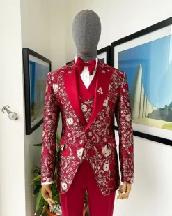 A Candy red & splash of silver, peak lapel stratocumulus patterned jacquard suit