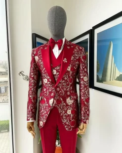 A Candy red & splash of silver, peak lapel stratocumulus patterned jacquard suit