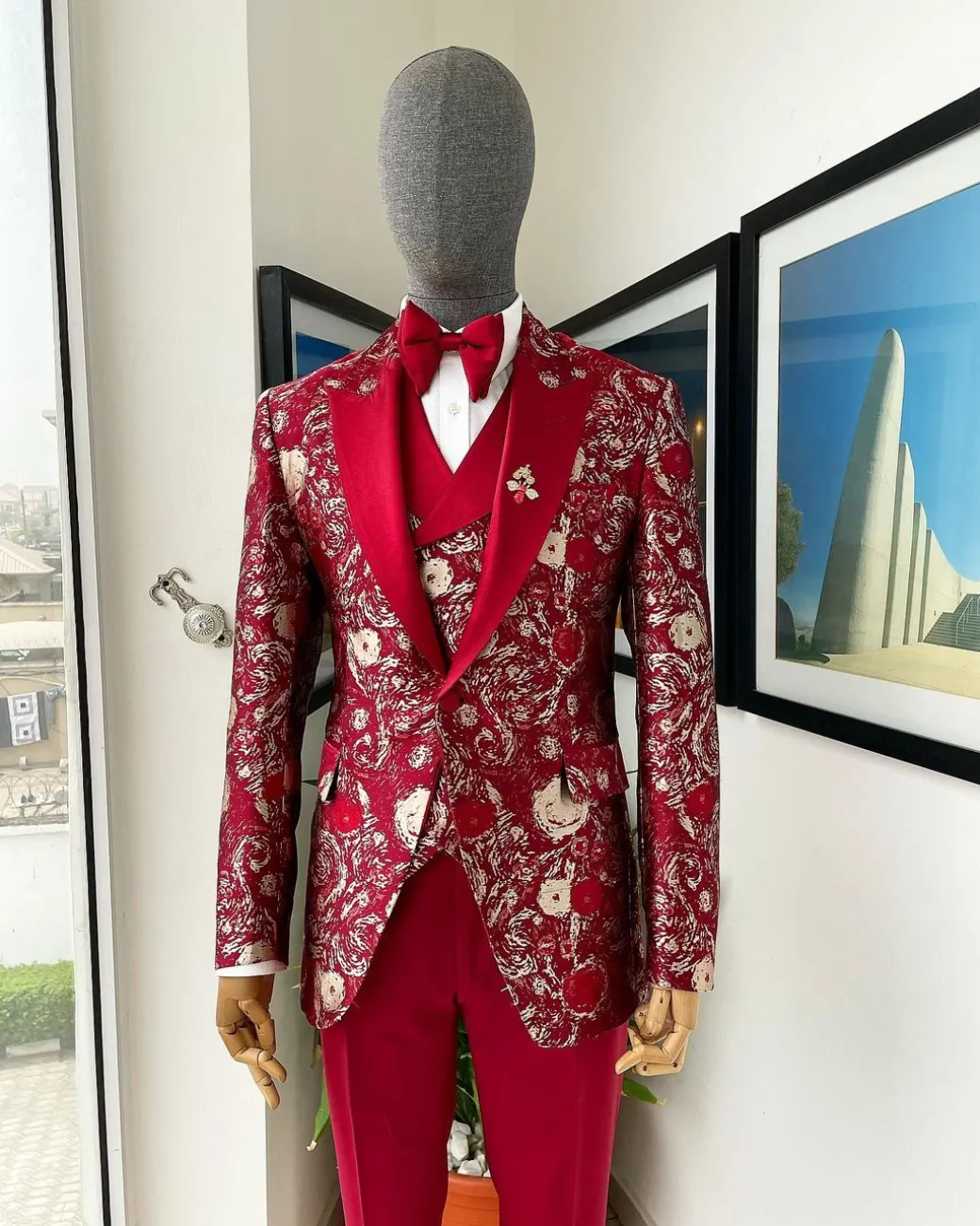 A Candy red & splash of silver, peak lapel stratocumulus patterned jacquard suit