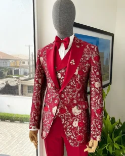 A Candy red & splash of silver, peak lapel stratocumulus patterned jacquard suit