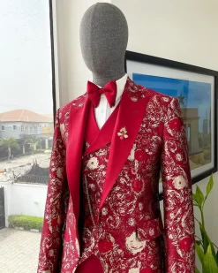 A Candy red & splash of silver, peak lapel stratocumulus patterned jacquard suit