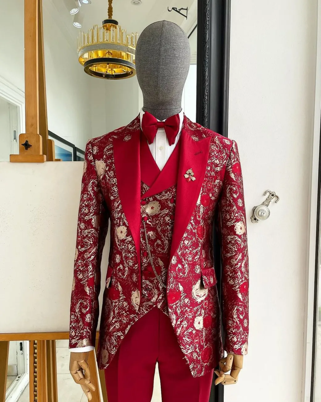 A Candy red & splash of silver, peak lapel stratocumulus patterned jacquard suit
