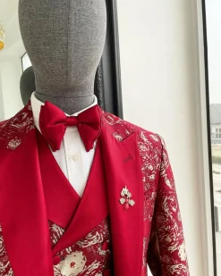 A Candy red & splash of silver, peak lapel stratocumulus patterned jacquard suit