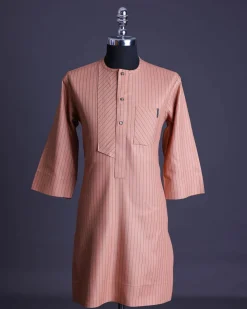 A Cantaloupe orange with a black pencil stripe and a front flap with black Swarovski buttons African senator, kaftan native