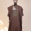 A Caramel Brown, chinoiserie chic pagoda with layers metallic wire embroidery details agbada
