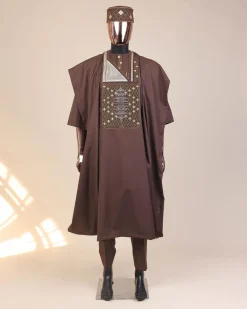 A Caramel Brown, chinoiserie chic pagoda with layers metallic wire embroidery details agbada