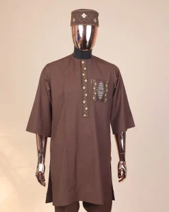 A caramel Brown, chinoiserie chic pagoda with layers metallic wire embroidery details, African kaftan native.