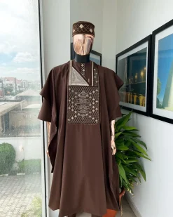 A Caramel Brown, chinoiserie chic pagoda with layers metallic wire embroidery details agbada