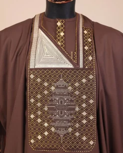 A Caramel Brown, chinoiserie chic pagoda with layers metallic wire embroidery details agbada