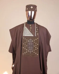 A Caramel Brown, chinoiserie chic pagoda with layers metallic wire embroidery details agbada