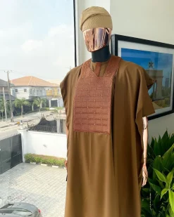 A Caramel brown, distributed square and dotted circle embroidery Agbada