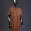 A Caramel brown, front flap with gold Swarovski button, connected hexagon Embroidery detailing kaftan and Sokoto