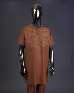 A Caramel brown, front flap with gold Swarovski button, connected hexagon Embroidery detailing kaftan and Sokoto