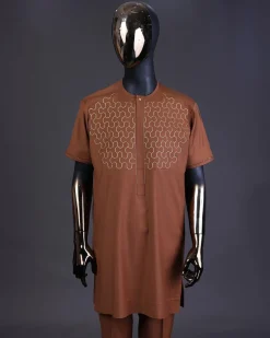 A Caramel brown, front flap with gold Swarovski button, connected hexagon Embroidery detailing kaftan and Sokoto