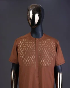 A Caramel brown, front flap with gold Swarovski button, connected hexagon Embroidery detailing kaftan and Sokoto