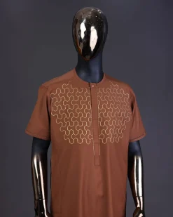 A Caramel brown, front flap with gold Swarovski button, connected hexagon Embroidery detailing kaftan and Sokoto