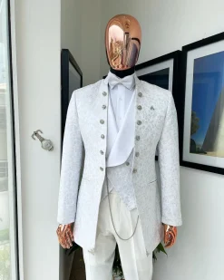 A “cardinal” ivory white and silver pattern metallic pattern jacquard Suit