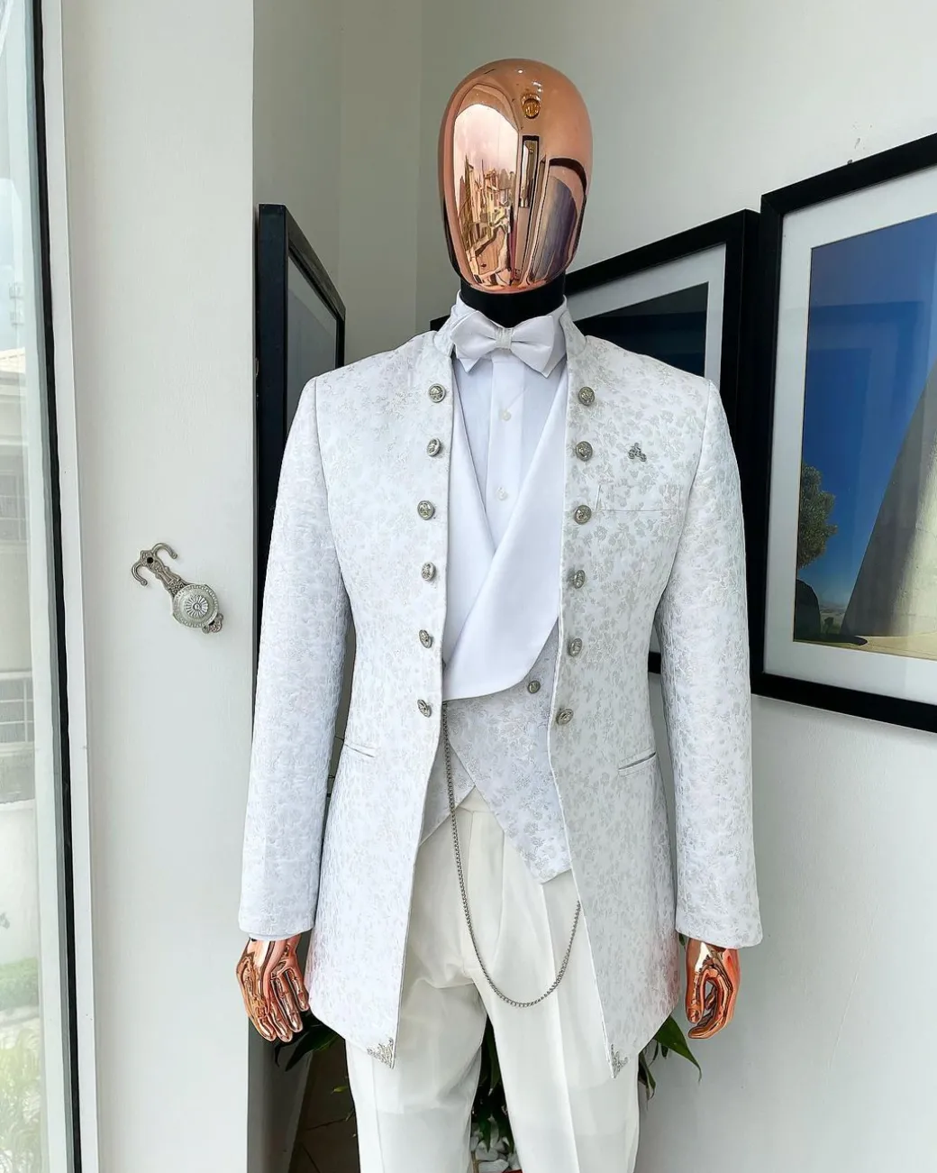 A “cardinal” ivory white and silver pattern metallic pattern jacquard Suit