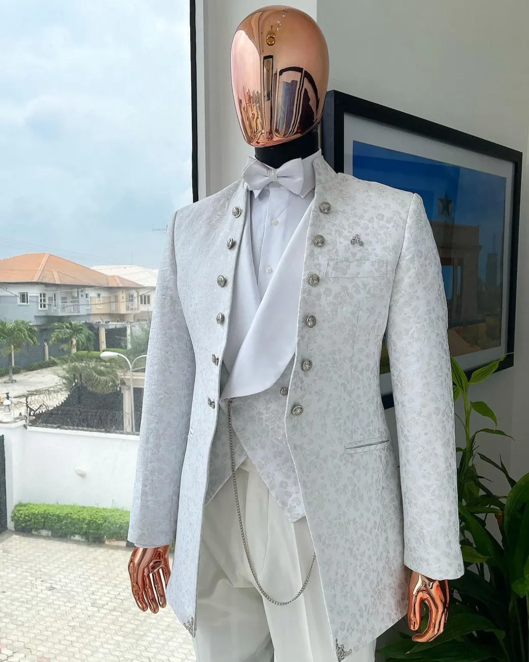 A “cardinal” ivory white and silver pattern metallic pattern jacquard Suit