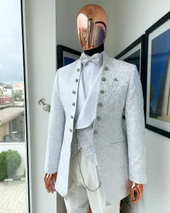 A “cardinal” ivory white and silver pattern metallic pattern jacquard Suit