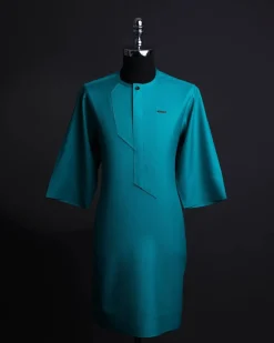 A Castleton green, front flap, patterned flap with black Swarovski button, short sleeve African senator kaftan native.