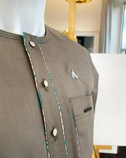 A cedar grey paisley mix, front flap with Swarovski buttons short-sleeved African traditional native senator kaftan