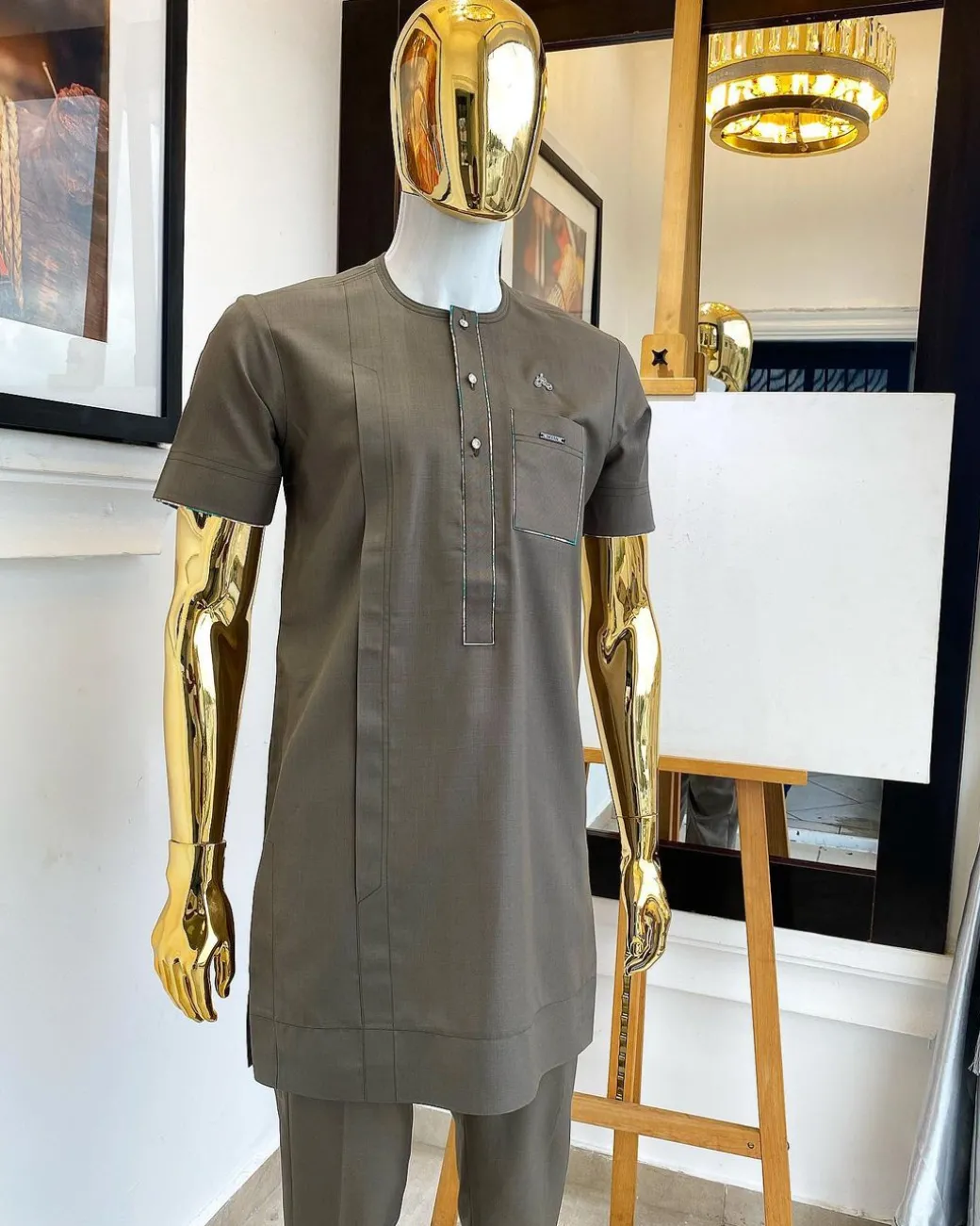 A cedar grey paisley mix, front flap with Swarovski buttons short-sleeved African traditional native senator kaftan