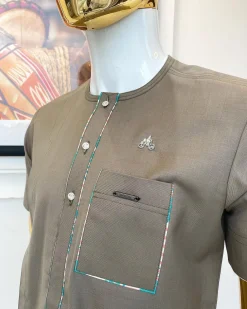 A cedar grey paisley mix, front flap with Swarovski buttons short-sleeved African traditional native senator kaftan