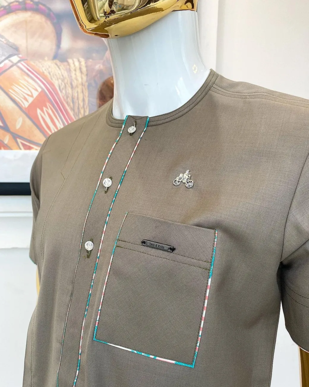 A cedar grey paisley mix, front flap with Swarovski buttons short-sleeved African traditional native senator kaftan