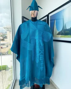 A Cerulean blue royal embroidery design agbada, dashiki, “abeti Aja” matching hat & sokoto