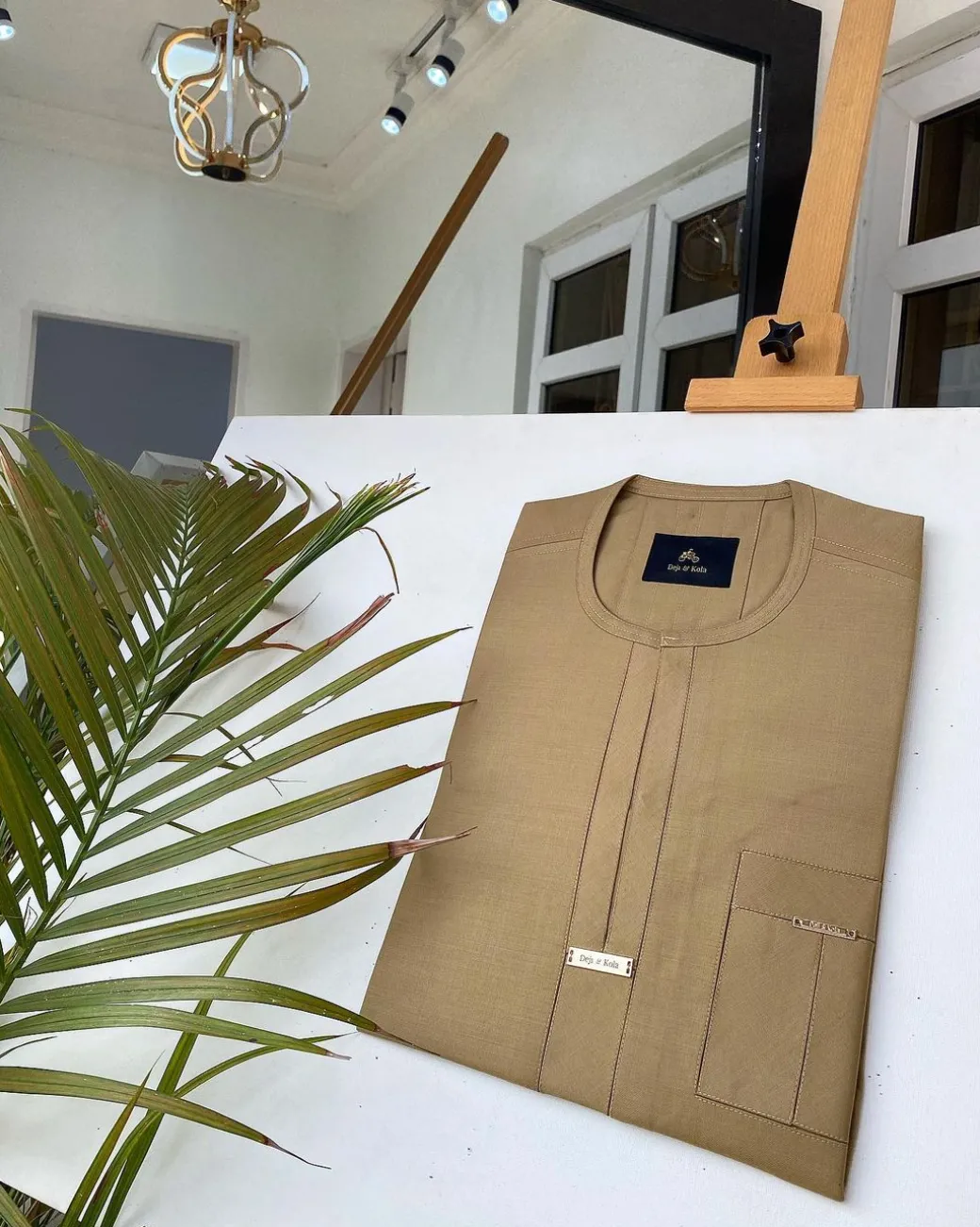 A Champagne Gold African kaftan with interlocking lane design and sokoto