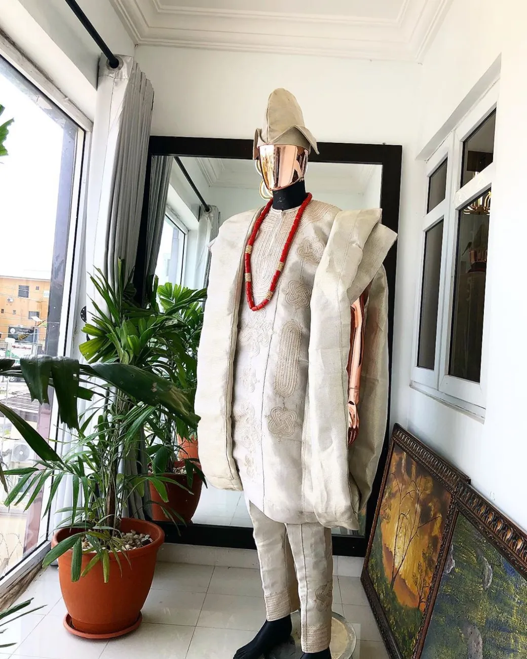 A Champagne Gold Interconnected Embroidery 3 Piece Traditional Agbada