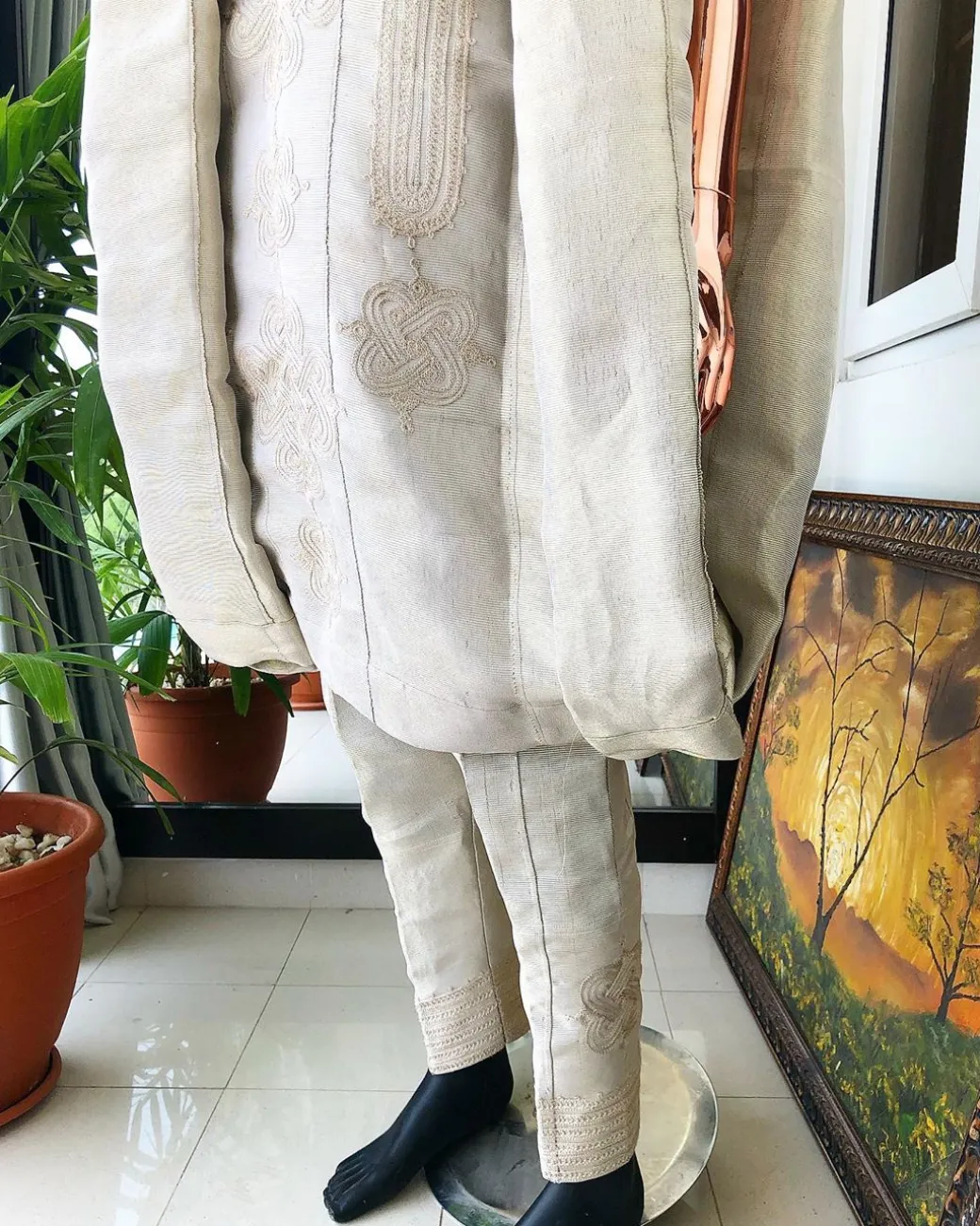 A Champagne Gold Interconnected Embroidery 3 Piece Traditional Agbada