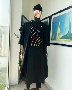 A Charcoal black, a thrown javelin metallic wire embroidery details agbada, 3/4 sleeve kaftan & sokoto