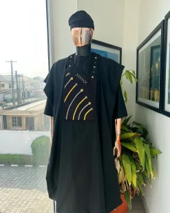 A Charcoal black, a thrown javelin metallic wire embroidery details agbada, 3/4 sleeve kaftan & sokoto