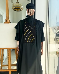 A Charcoal black, a thrown javelin metallic wire embroidery details agbada, 3/4 sleeve kaftan & sokoto