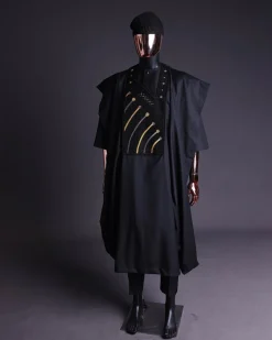 A Charcoal black, a thrown javelin metallic wire embroidery details agbada, 3/4 sleeve kaftan & sokoto