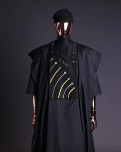 A Charcoal black, a thrown javelin metallic wire embroidery details agbada, 3/4 sleeve kaftan & sokoto