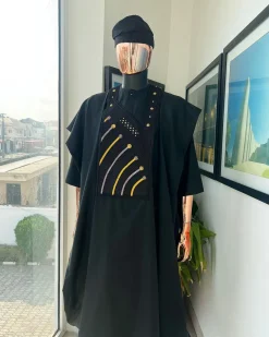 A Charcoal black, a thrown javelin metallic wire embroidery details agbada, 3/4 sleeve kaftan & sokoto