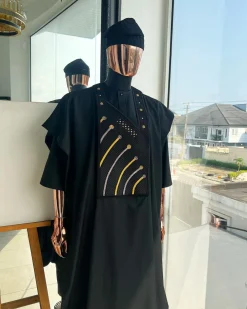 A Charcoal black, a thrown javelin metallic wire embroidery details agbada, 3/4 sleeve kaftan & sokoto