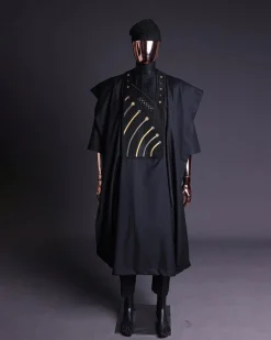 A Charcoal black, a thrown javelin metallic wire embroidery details agbada, 3/4 sleeve kaftan & sokoto