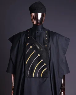 A Charcoal black, a thrown javelin metallic wire embroidery details agbada, 3/4 sleeve kaftan & sokoto