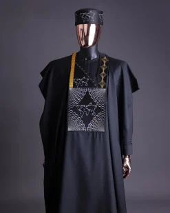 A Charcoal Black, Ajala The Traveler Metallic Wire Embroidery Details Agbada With Swarovski Stone