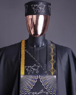 A Charcoal Black, Ajala The Traveler Metallic Wire Embroidery Details Agbada With Swarovski Stone