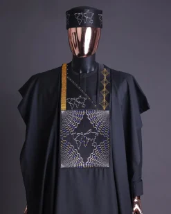 A Charcoal Black, Ajala The Traveler Metallic Wire Embroidery Details Agbada With Swarovski Stone