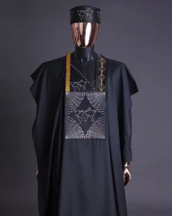 A Charcoal Black, Ajala The Traveler Metallic Wire Embroidery Details Agbada With Swarovski Stone