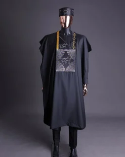 A Charcoal Black, Ajala The Traveler Metallic Wire Embroidery Details Agbada With Swarovski Stone